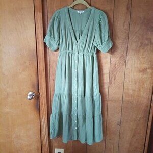 Madewell cotton Green Button Front Tiered Midi Dress Short Sleeve Size 2 (S)